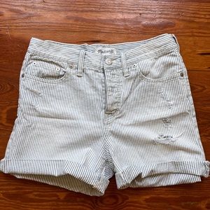 Madewell pinstripe denim shorts.